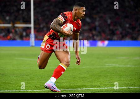 Jamayne Isaako of the Dolphins celebrates a try during the NRL Round 12  match between the Redcliffe Dolphins and the Melbourne Storm at Suncorp  Stadium in Brisbane, Saturday, May 20, 2023. (AAP