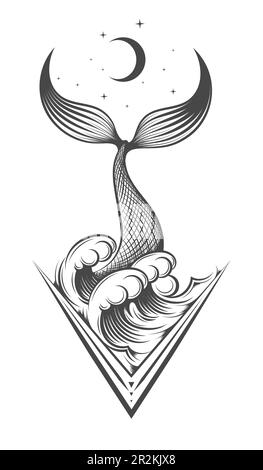 Fish tail in the ocean with star and big waves hand drawn, esoteric  astrological symbol tattoo isolated on white. Vector illustration Stock Vector