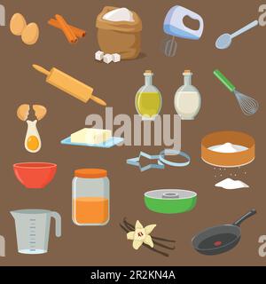 Utensils and ingredients for dessert vector illustrations set Stock Vector