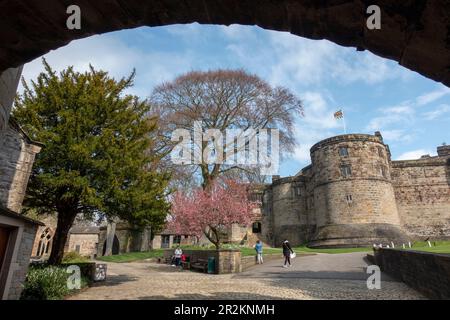 Medieval Keep view through entrance gatehouse at Skipton Castle in Skipton, North Yorkshire, England, UK Stock Photo