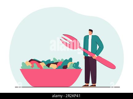 Tiny man standing next to huge plate with vegetable salad Stock Vector