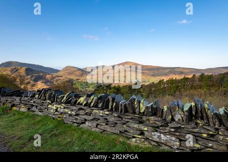 View of the mountains of Snowdonia national park from Dinorwig quarry, Llanberis, North Wales. Stock Photo