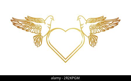 Template with doves and a heart on a white background in hand-drawn style for print and design. Vector illustration. Stock Vector
