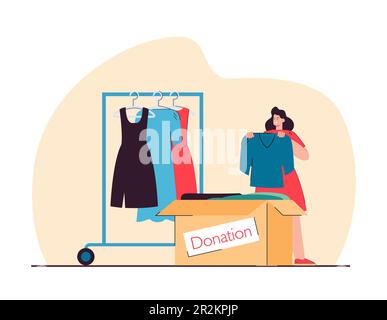 Woman putting clothes in donation box flat vector illustration. Stock Vector