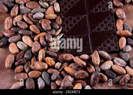 Dark chocolate tablet accompanied with roasted cocoa beans. Studio photo on brown background with stucco texture. Vintage rustic air. Stock Photo