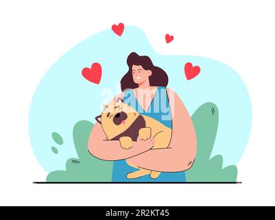 Happy female person holding dog in hands. Stock Vector