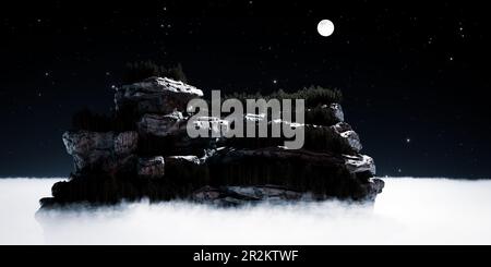 A hut surrounded by trees stands in the moonlight on a rock that rises far above the clouds - 3D Illustration Stock Photo