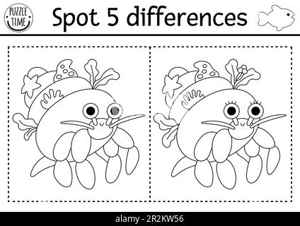 Find differences game for children. Under the sea black and white educational activity with cute hermit crab. Ocean life line puzzle for kids with wat Stock Vector
