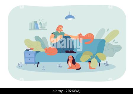 Smiling woman sitting on sofa and petting cat Stock Vector
