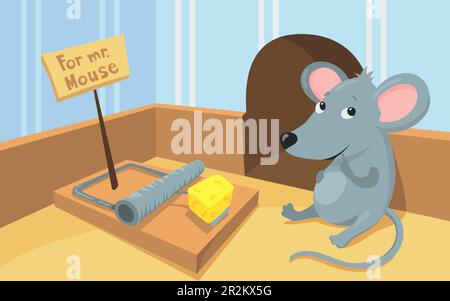 Gray mouse sitting in front of mousetrap with piece of cheese Stock Vector