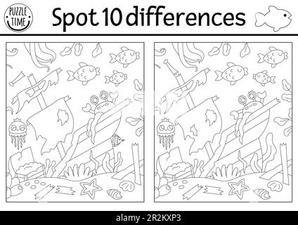 Find differences game for children. Black and white educational activity with wrecked ship, sea landscape. Ocean life line puzzle for kids with boat. Stock Vector