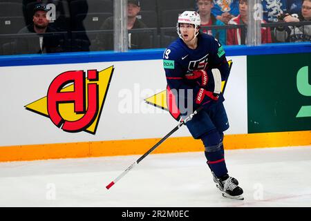 United States Cutter Gauthier reacts during the group A match between  United States and France at the ice hockey world championship in Tampere,  Finland, Sunday, May 21, 2023. (AP Photo/Pavel Golovkin Stock