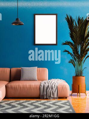 Empty photo frame mockup hanging on blue wall background Stock Photo