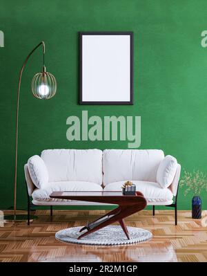 Empty photo frame mockup hanging on green wall background Stock Photo