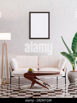 Empty photo frame mockup hanging on white wall background Stock Photo