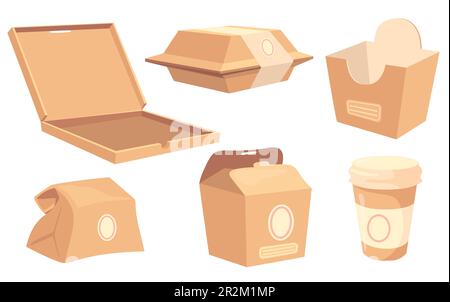 Set of cartoon boxes and containers for food and drinks Stock Vector