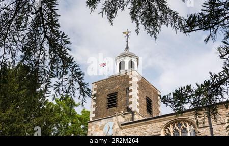 The church tower of St Mary the Virgin parish church, Mortlake, London, SW14, England, UK Stock Photo