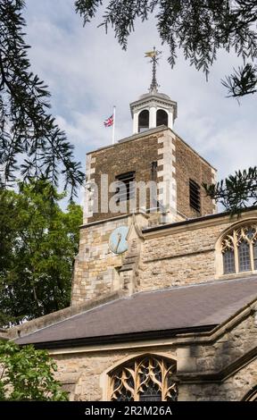 The church tower and clock of St Mary the Virgin parish church, Mortlake, London, SW14, England, UK Stock Photo