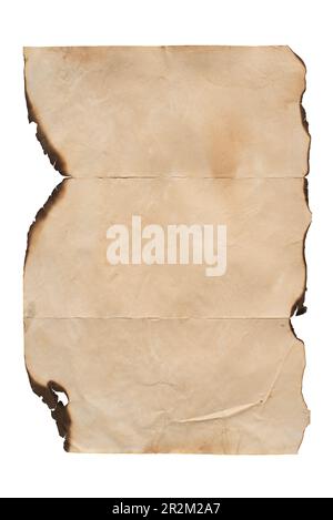 Sheet of old grungy burnt crumpled paper isolated on white background Stock Photo