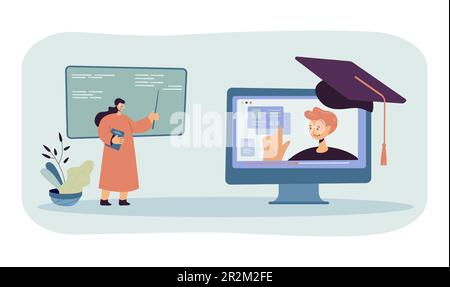 Teacher talking to student on huge computer screen Stock Vector