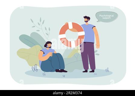 Crying woman getting psychological help from man with life ring Stock Vector