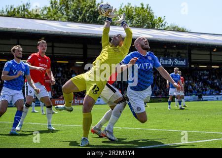 Stockport, UK. 20th May, 2023. Liam Shephard #32 of Salford City fouls  Paddy Madden #9 of Stockport County during the Sky Bet League 2 Play-Off  match Stockport County vs Salford City at