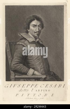 Giuseppe Cesari, Italian Mannerist painter, 1568-1640. Also called Il Giuseppino and Cavaliere d'Arpino when knighted by his patron Pope Clement VIII. In doublet and collar seated in a chair holding a pen. Detto l'Arpino, Pittore. Copperplate engraving drawn and engraved by Pietro Antonio Pazzi after a self portrait by the artist from Francesco Moucke's Museo Florentino (Museum Florentinum), Serie di Ritratti de Pittori (Series of Portraits of Painters) stamperia Mouckiana, Florence, 1752-62. Stock Photo