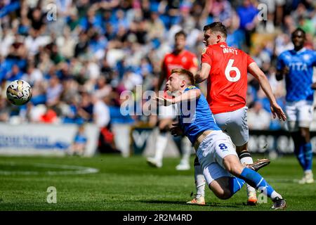 Stockport, UK. 20th May, 2023. Liam Shephard #32 of Salford City fouls  Paddy Madden #9 of Stockport County during the Sky Bet League 2 Play-Off  match Stockport County vs Salford City at