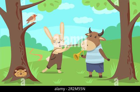 Animals playing music illustration in cartoon style Stock Vector