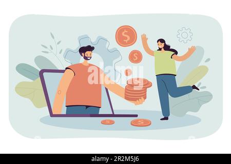 Man giving golden coins to woman through computer screen Stock Vector