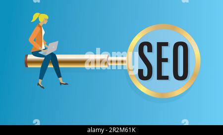 Woman with laptop sitting on big golden magnifying glass. Dimension 16:9. Vector illustration. Stock Vector