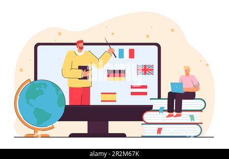 Tiny man learning foreign languages online Stock Vector
