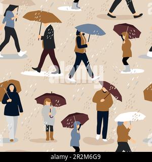 Vector illustration of people in the rain. Autumn mood. Trendy retro style on beige. Seamless fall pattern. Stock Vector