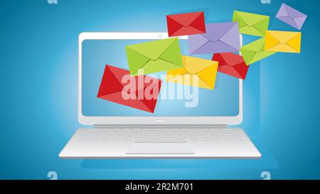 You've got mail. Laptop with several envelopes flying in to the screen. Dimension 16:9. Isolated. Vector illustration. Stock Vector