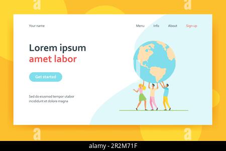 Tiny people holding globe together and smiling Stock Vector