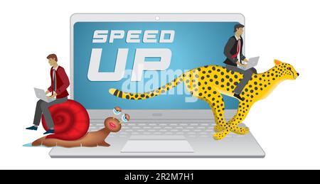 Man running fast with laptop riding cheetah, slower man riding on snail. isolated. Vector illustration. Stock Vector