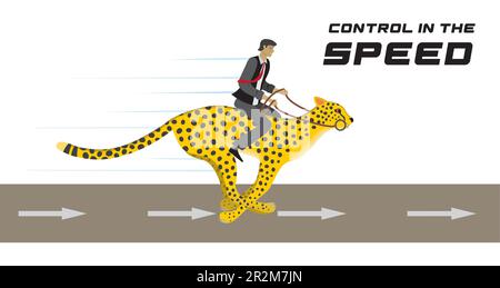 Man riding on fast running cheetah. Steering the fast animal with reins. Text control in the speed. Vector illustration. Stock Vector