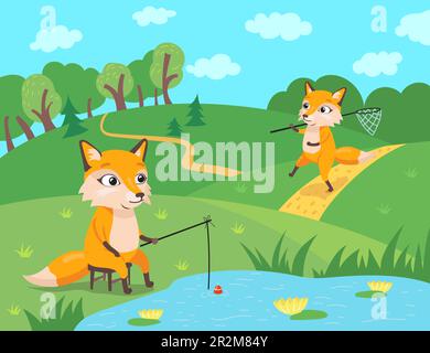 Cute fox characters fishing and catching butterflies in forest Stock Vector