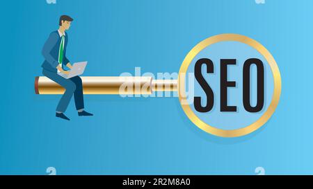 Man with laptop sitting on big golden magnifying glass with text SEO (Search engine optimization). Dimension 16:9. Vector illustration. Stock Vector