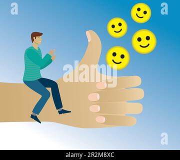Man sitting on hand with okay sign, applauding and sending happy faces. Vector illustration. Stock Vector