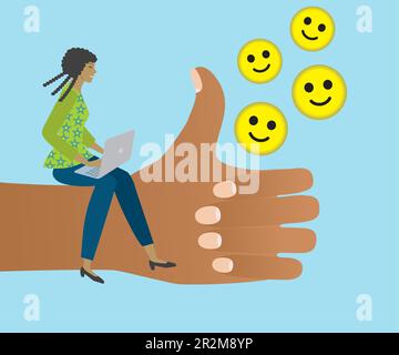 Woman with laptop sitting on hand with okay sign and yellow cute smiling symbols. Vector illustration. Stock Vector