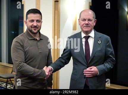 Hiroshima, Japan. 20th May, 2023. Ukraine's President Volodymyr Zelensky (L) meets with German Chancellor Olaf Scholz, during the G7 Leaders' Summit on Saturday May 20, 2023 in Hiroshima, Japan. Japan hosts The G7 summit in Hiroshima from 19-22 May. Photo by Ukrainian President Press Office/ Credit: UPI/Alamy Live News Stock Photo