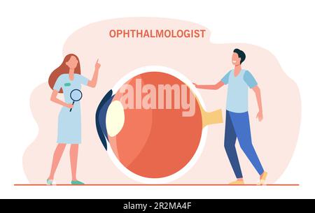 Tiny ophthalmologists examining eye Stock Vector