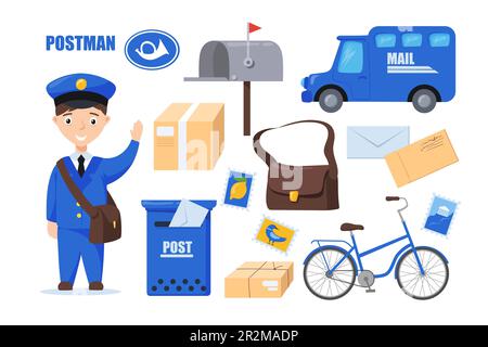 Postman and postal objects for kids vector illustrations set Stock Vector