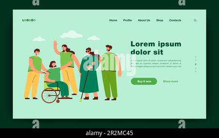 Smiling volunteers helping disabled people Stock Vector