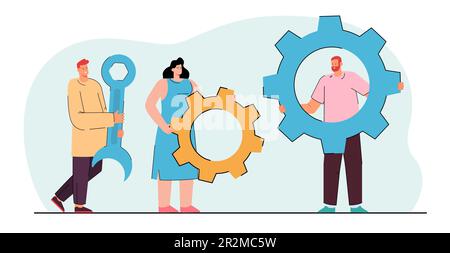 Colleagues holding gear-wheels and wrench. Stock Vector