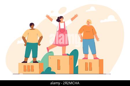 Children winning prizes and standing on podium Stock Vector