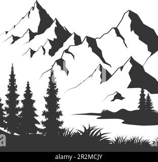 Mountain pond graphic black white landscape sketch illustration vector Stock Vector