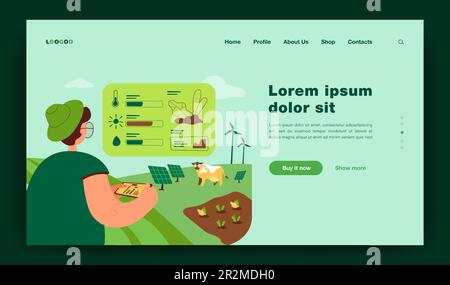 Farmer analyzing data on eco farming Stock Vector
