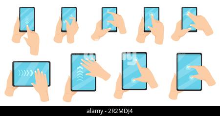 Hand on phone using touchscreen gestures vector illustration set Stock Vector